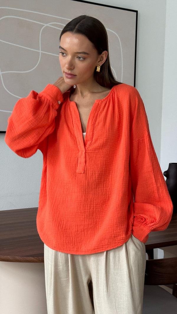 charli Peach Cotton Shirt - Tangerine Tops