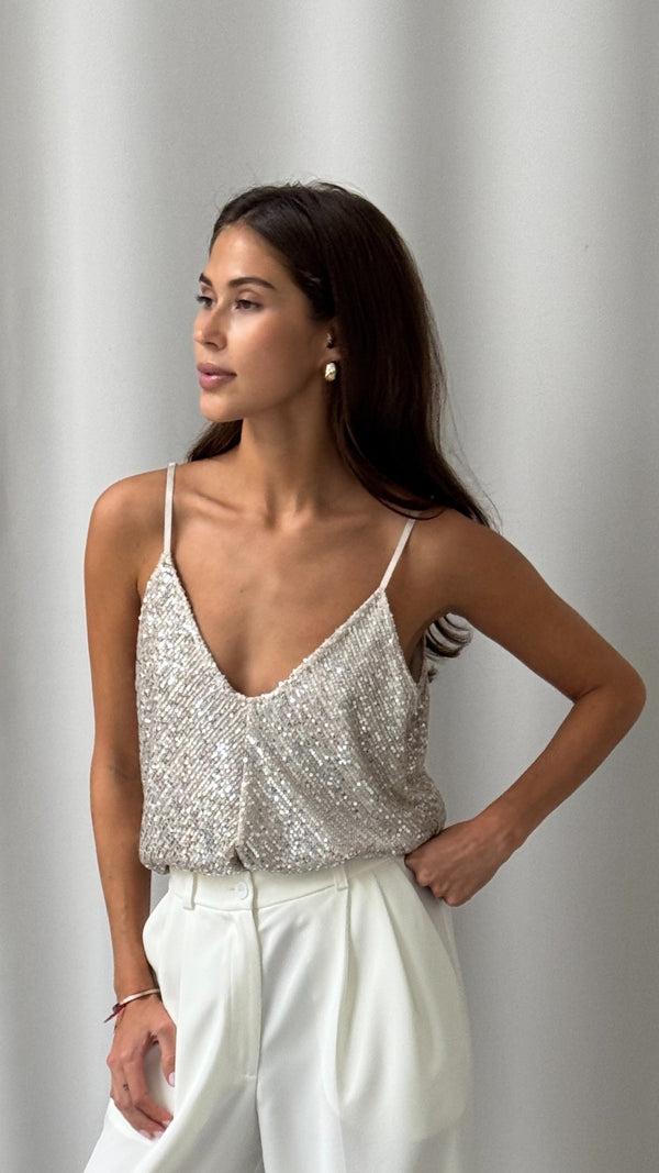 Charli Sienna Sequin Camisole - Silver Tops