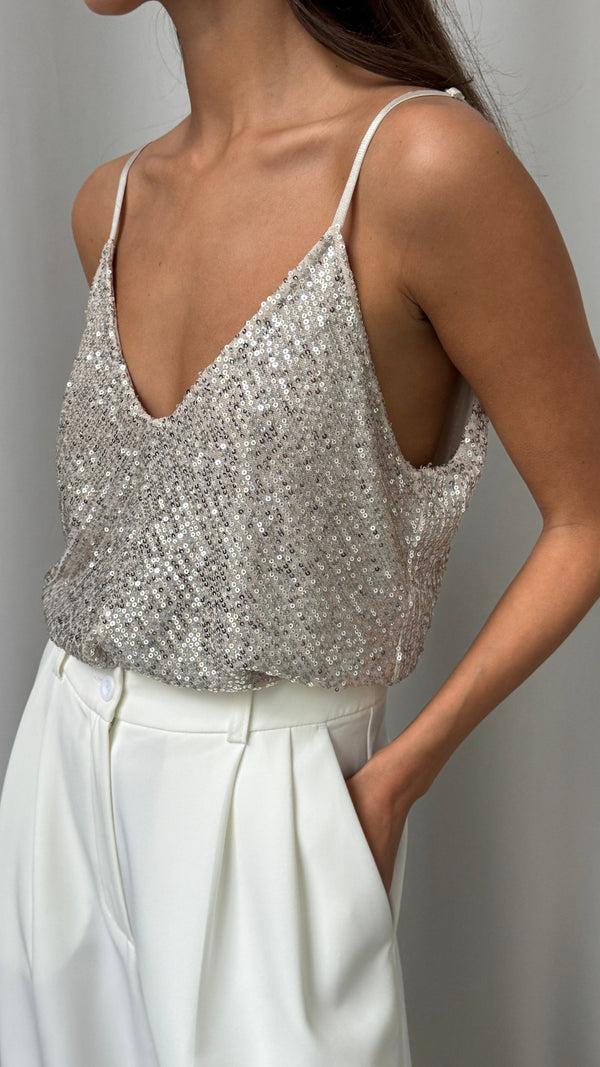 Charli Sienna Sequin Camisole - Silver Tops