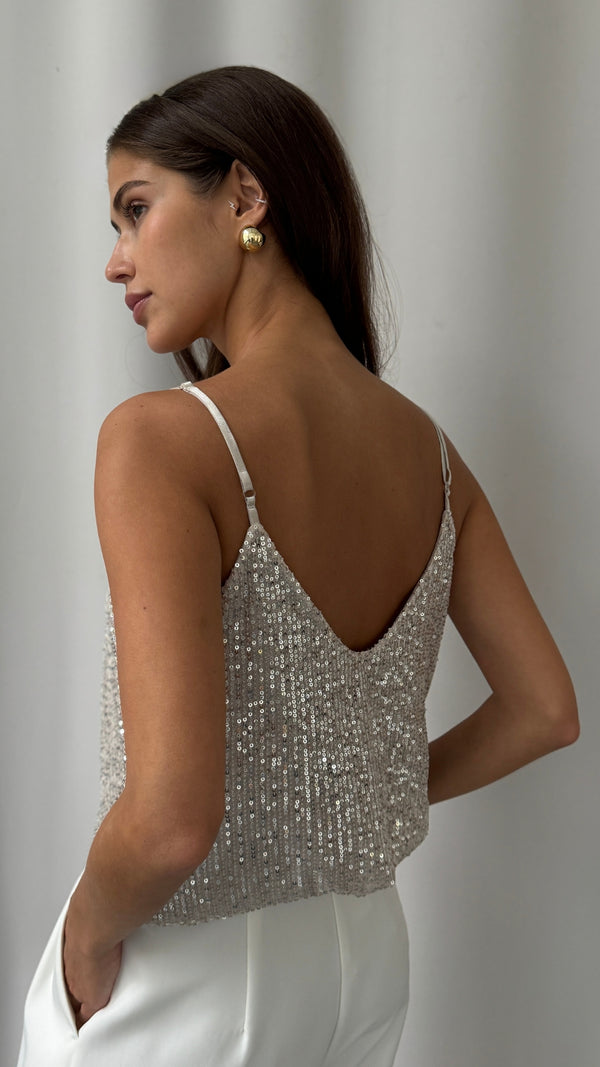 Charli Sienna Sequin Camisole - Silver Tops