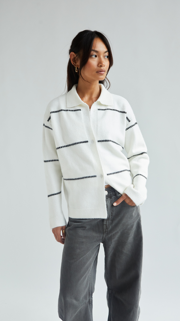 Charli Clara Contrast Stitch Cardigan - Ivory Black Cardigans