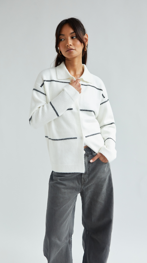 charli Clara Contrast Stitch Cardigan - Ivory Black Cardigans