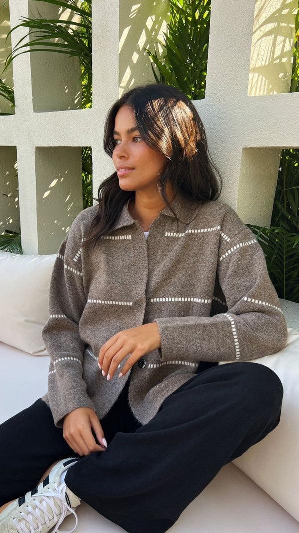 Charli Clara Contrast Stitch Cardigan - Sand Ivory Cardigans