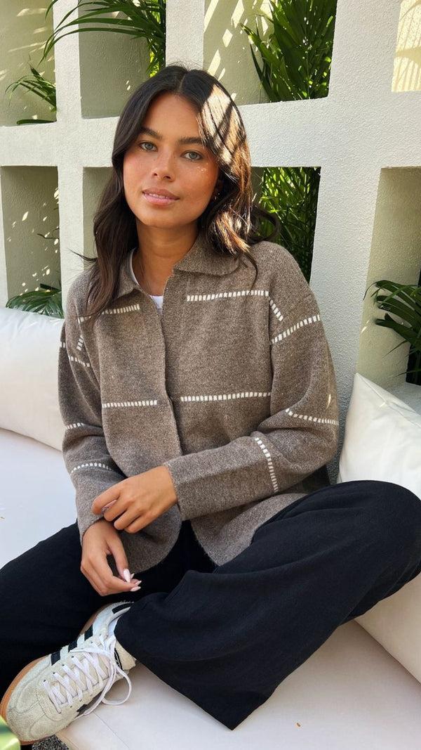 Charli Clara Contrast Stitch Cardigan - Sand Ivory Cardigans