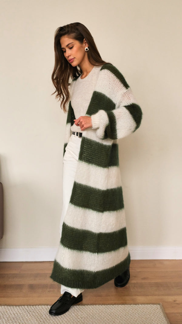 Charli Kay Cardigan - Khaki Off - White Stripes Cardigans