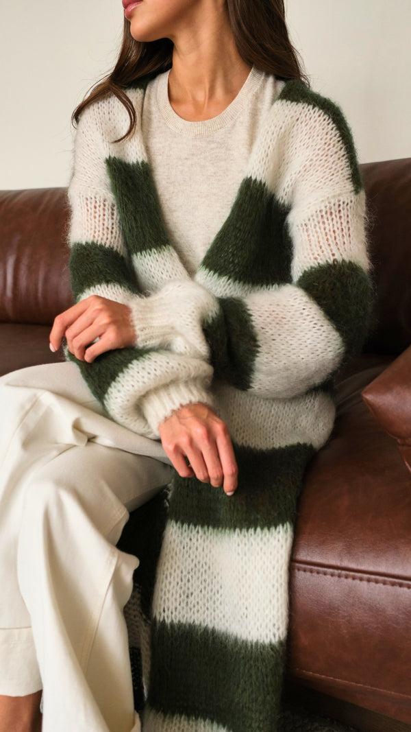 Charli Kay Cardigan - Khaki Off - White Stripes Cardigans