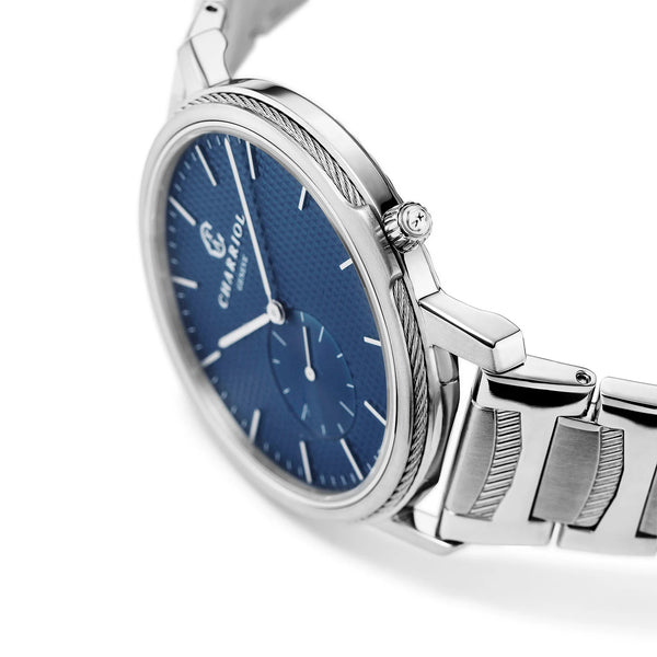 Charriol CELTIC® LEGACY 40MM QUARTZ CALIBRE BLUE "CLOUS DE PARIS" DIAL STEEL BEZEL METAL BRACELET Watch