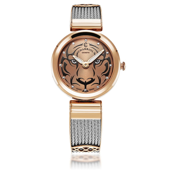 charriol FOREVER™ 32MM QUARTZ CALIBRE TIGER WITH 12 SIMILIS DIAL ROSE GOLD PVD BEZEL STEEL CABLE BRACELET & ROSE GOLD PVD DECORS Watch charriol FOREVER™ 32MM QUARTZ CALIBRE TIGER WITH 12 SIMILIS DIAL ROSE GOLD PVD BEZEL STEEL CABLE BRACELET & ROSE GOLD PVD DECORS Watch