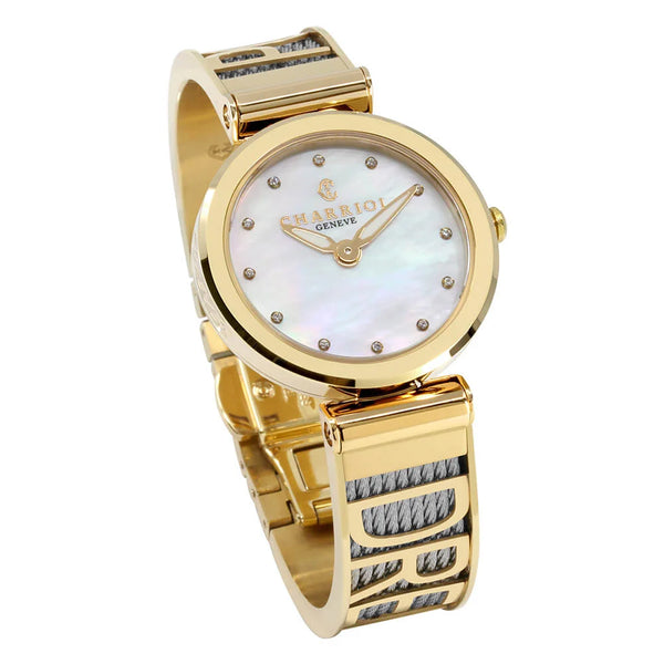 Charriol FOREVER™ YOURS 32MM QUARTZ CALIBRE MOTHER-OF-PEARL WITH 12 DIAMONDS DIAL YELLOW GOLD PVD BEZEL STEEL CABLE BRACELET Watch