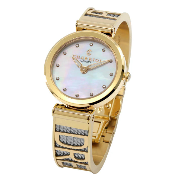 Charriol FOREVER™ YOURS 32MM QUARTZ CALIBRE MOTHER-OF-PEARL WITH 12 DIAMONDS DIAL YELLOW GOLD PVD BEZEL STEEL CABLE BRACELET Watch