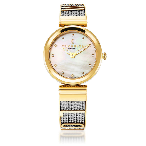 charriol FOREVER™ YOURS 32MM QUARTZ CALIBRE MOTHER-OF-PEARL WITH 12 DIAMONDS DIAL YELLOW GOLD PVD BEZEL STEEL CABLE BRACELET Watch charriol FOREVER™ YOURS 32MM QUARTZ CALIBRE MOTHER-OF-PEARL WITH 12 DIAMONDS DIAL YELLOW GOLD PVD BEZEL STEEL CABLE BRACELET Watch