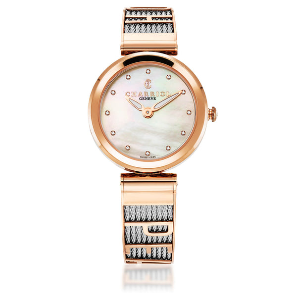 charriol FOREVER™ YOURS 32MM QUARTZ CALIBRE MOTHER-OF-PEARL WITH 12 SIMILIS DIAL ROSE GOLD PVD BEZEL STEEL CABLE BRACELET Watch charriol FOREVER™ YOURS 32MM QUARTZ CALIBRE MOTHER-OF-PEARL WITH 12 SIMILIS DIAL ROSE GOLD PVD BEZEL STEEL CABLE BRACELET Watch