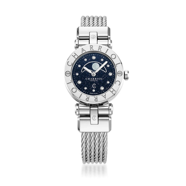 charriol NAVIGATOR CRUISE 28MM MOONPHASE QUARTZ CALIBRE AVENTURINE PRINTED WITH 12 DIAMONDS DIAL STEEL "CHARRIOL CHARRIOL" WITH 2 SCREWS BEZEL STEEL INTERCHANGEABLE CABLE BRACELET Watch