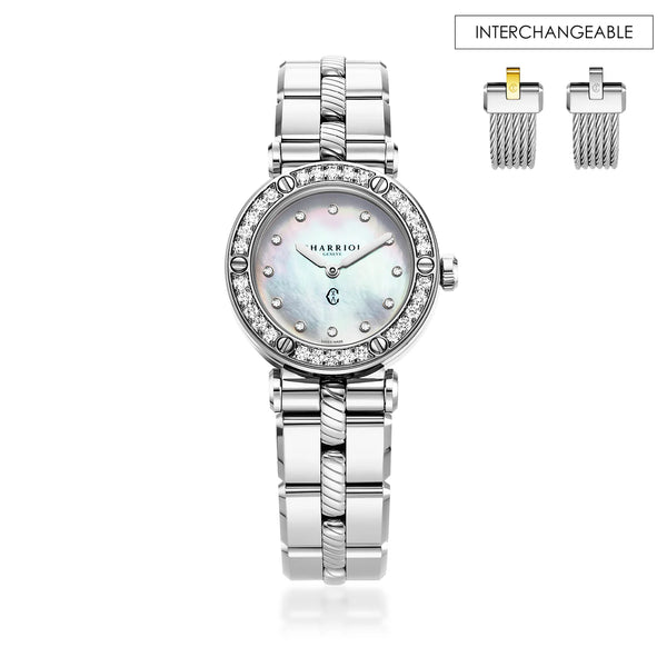 charriol NAVIGATOR CRUISE 28MM MOTHER-OF-PEARL WITH 12 DIAMONDS DIAL STEEL 30 FULL CUT DIAMONDS BEZEL METAL INTERCHANGEABLE BRACELET Watch