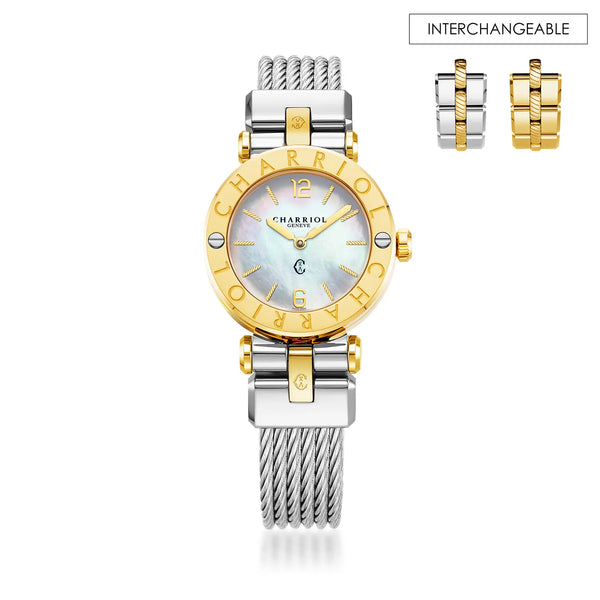 charriol NAVIGATOR CRUISE 28MM QUARTZ CALIBRE MOTHER-OF-PEARL DIAL "CHARRIOL CHARRIOL" BEZEL STEEL CABLE INTERCHANGEABLE STRAP Watch