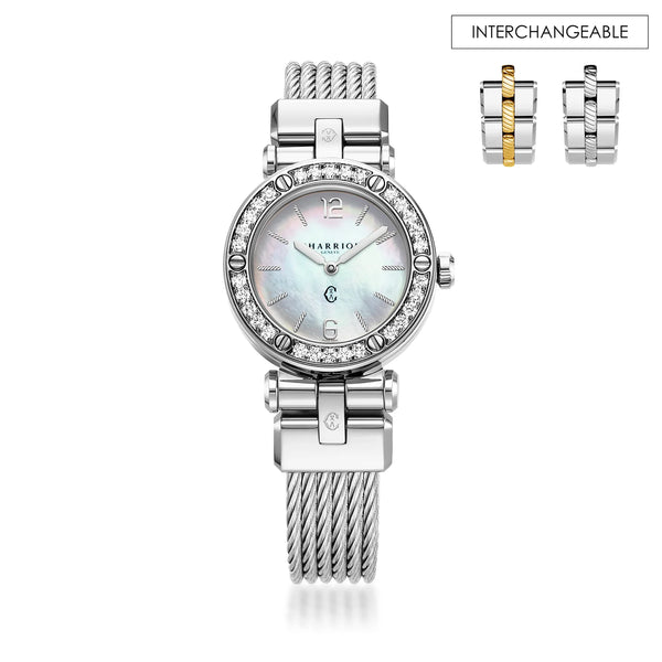 charriol NAVIGATOR CRUISE 28MM QUARTZ CALIBRE MOTHER-OF-PEARL DIAL 30 DIAMONDS BEZEL STEEL CABLE INTERCHANGEABLE BRACELET Watch