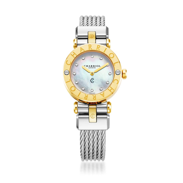 Charriol NAVIGATOR CRUISE 28MM QUARTZ CALIBRE MOTHER-OF-PEARL WITH 12 DIAMONDS DIAL "CHARRIOL CHARRIOL" BEZEL STEEL CABLE INTERCHANGEABLE BRACELET Watch