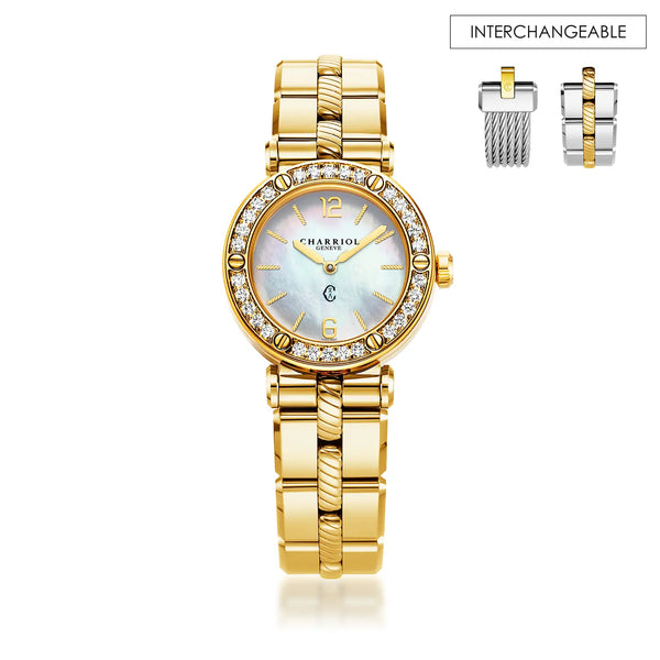 charriol NAVIGATOR CRUISE 28MM QUARTZ CALIBRE MOTHER-OF-PEARL DIAL 30 DIAMONDS BEZEL STEEL YELLOW GOLD PVD INTERCHANGEABLE BRACELET Watch
