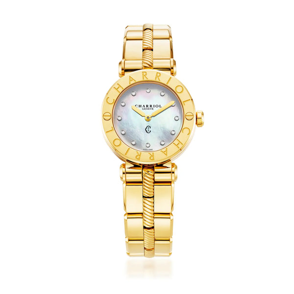 Charriol NAVIGATOR CRUISE 28MM QUARTZ CALIBRE MOTHER-OF-PEARL WITH 12 DIAMONDS DIAL "CHARRIOL CHARRIOL" BEZEL STEEL YELLOW GOLD PVD INTERCHANGEABLE BRACELET Watch