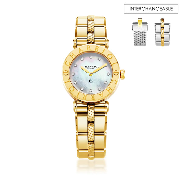 charriol NAVIGATOR CRUISE 28MM QUARTZ CALIBRE MOTHER-OF-PEARL WITH 12 DIAMONDS DIAL "CHARRIOL CHARRIOL" BEZEL STEEL YELLOW GOLD PVD INTERCHANGEABLE BRACELET Watch