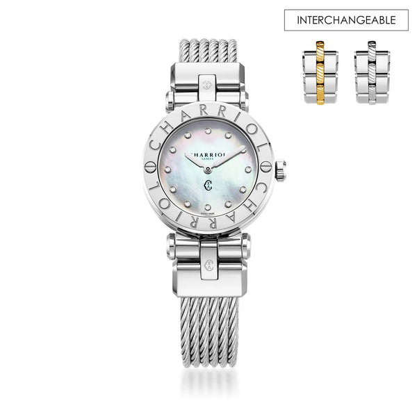 charriol NAVIGATOR CRUISE 28MM QUARTZ CALIBRE MOTHER-OF-PEARL WITH 12 DIAMONDS DIAL STEEL "CHARRIOL CHARRIOL" BEZEL STEEL CABLE INTERCHANGEABLE BRACELET Watch