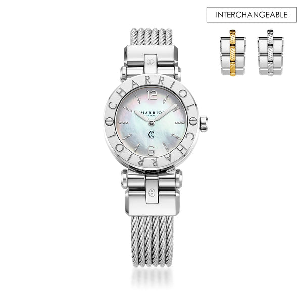 charriol NAVIGATOR CRUISE 28MM QUARTZ CALIBRE MOTHER-OF-PEARL DIAL STEEL "CHARRIOL CHARRIOL" WITH 2 SCREWS BEZEL STEEL CABLE INTERCHANGEABLE BRACELET Watch