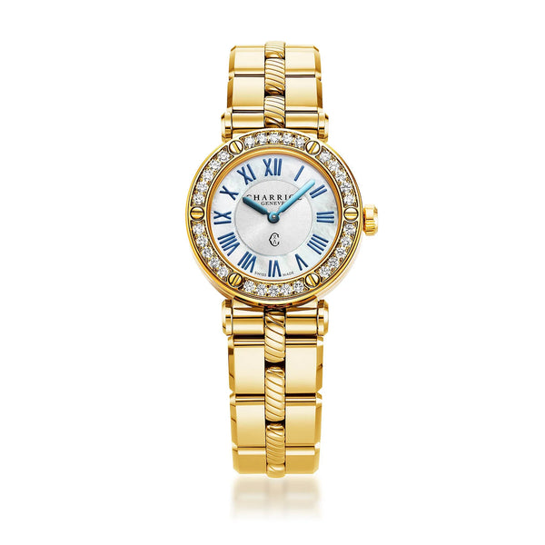 charriol NAVIGATOR CRUISE 28MM QUARTZ CALIBRE WHITE MOTHER-OF-PEARL WITH 12 ROMAN FIGURES DIAL STEEL YELLOW GOLD PVD WITH 30 DIAMONDS WITH 6 SCREWS BEZEL METAL YELLOW GOLD PVD INTERCHANGEABLE BRACELET Watch