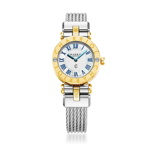 charriol NAVIGATOR CRUISE 28MM QUARTZ CALIBRE WHITE MOTHER-OF-PEARL WITH 12 ROMAN FIGURES DIAL STEEL YELLOW GOLD PVD "CHARRIOL CHARRIOL" WITH 2 SCREWS BEZEL STEEL INTERCHANGEABLE CABLE BRACELET WITH 2 YELLOW GOLD PVD ATTACHED Wa