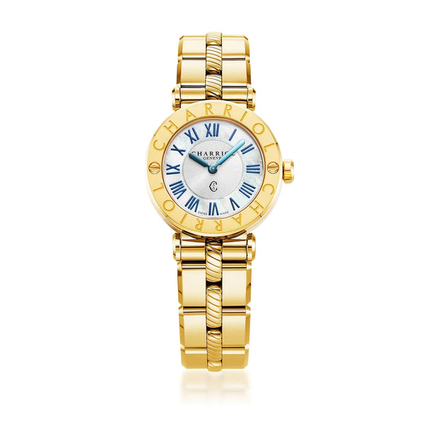 charriol NAVIGATOR CRUISE 28MM QUARTZ CALIBRE WHITE MOTHER-OF-PEARL WITH 12 ROMAN FIGURES DIAL STEEL YELLOW GOLD PVD "CHARRIOL CHARRIOL" WITH 2 SCREWS BEZEL METAL YELLOW GOLD PVD INTERCHANGEABLE BRACELET Watch