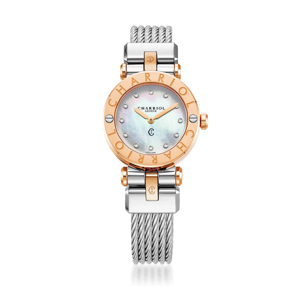 charriol NAVIGATOR CRUISE 28MM QUARTZ CALIBRE WHITE MOTHER-OF-PEARL WITH 12 DIAMONDS DIAL STEEL ROSE GOLD PVD WITH 2 SCREWS BEZEL STEEL WITH ROSE GOLD PVD INTERCHANGEABLE CABLE BRACELET Watch