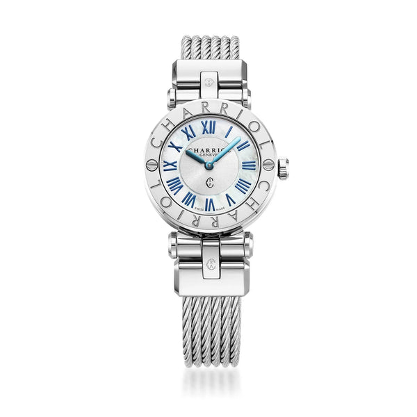 charriol NAVIGATOR CRUISE 28MM QUARTZ CALIBRE WHITE MOTHER-OF-PEARL WITH 12 BLUE ROMAN FIGURES DIAL STEEL "CHARRIOL CHARRIOL" WITH 2 SCREWS BEZEL STEEL INTERCHANGEABLE CABLE BRACELET Watch