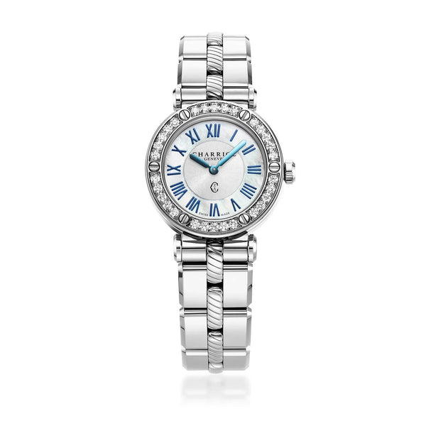 charriol NAVIGATOR CRUISE 28MM QUARTZ CALIBRE WHITE MOTHER-OF-PEARL WITH 12 ROMAN FIGURES DIAL STEEL WITH 30 DIAMONDS AND 6 SCREWS BEZEL METAL INTERCHANGEABLE BRACELET Watch