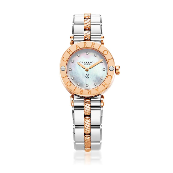 charriol NAVIGATOR CRUISE 28MM QUARTZ CALIBRE WHITE MOTHER OF PEARL WITH 12 DIAMONDS DIAL STEEL ROSE GOLD PVD "CHARRIOL CHARRIOL" WITH 2 SCREWS BEZEL METAL BICOLOR INTERCHANGEABLE BRACELET Watch