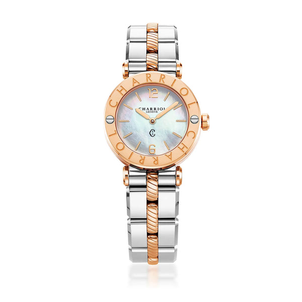 charriol NAVIGATOR CRUISE 28MM QUARTZ CALIBRE WHITE MOTHER-OF-PEARL WITH ROSE GOLD PVD INDEX DIAL STEEL ROSE GOLD PVD "CHARRIOL CHARRIOL" WITH 2 SCREWS BEZEL METAL BICOLOR INTERCHANGEABLE BRACELET Watch