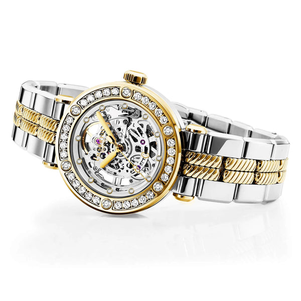 Charriol NAVIGATOR CRUISE 36MM CHARRIOL SKELETON AUTOMATIC CALIBRE CRYSTAL WITH 12 DIAMONDS INDEX INNER RING DIAL STEEL YELLOW GOLD PVD WITH 30 FULLCUTS DIAMONDS & 6 DIAMONDS BEZEL METAL BICOLOR INTERCHANGEABLE BRACELET Watch