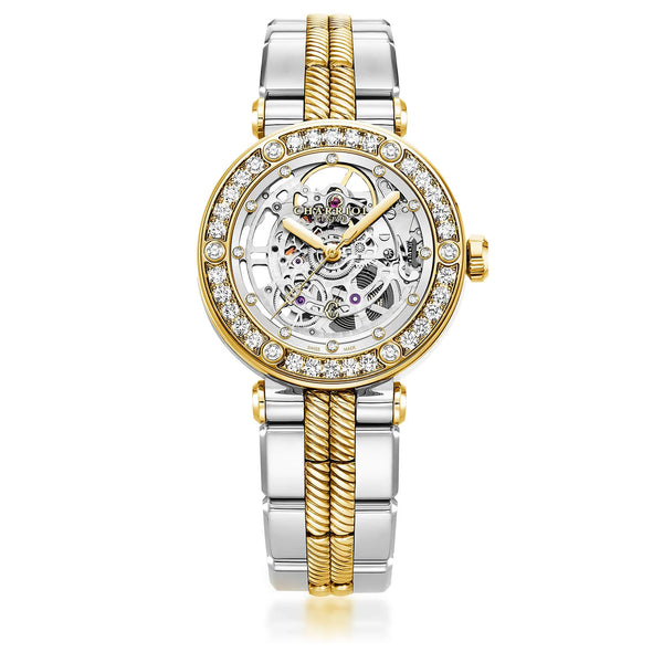 charriol NAVIGATOR CRUISE 36MM CHARRIOL SKELETON AUTOMATIC CALIBRE CRYSTAL WITH 12 DIAMONDS INDEX INNER RING DIAL STEEL YELLOW GOLD PVD WITH 30 FULLCUTS DIAMONDS & 6 DIAMONDS BEZEL METAL BICOLOR INTERCHANGEABLE BRACELET Watch