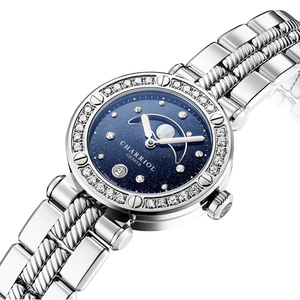 Charriol NAVIGATOR CRUISE 36MM MOONPHASE QUARTZ CALIBRE AVENTURINE PRINTED WITH 11 DIAMONDS DIAL STEEL WITH 30 DIAMONDS AND 6 SCREWS BEZEL METAL INTERCHANGEABLE BRACELET Watch