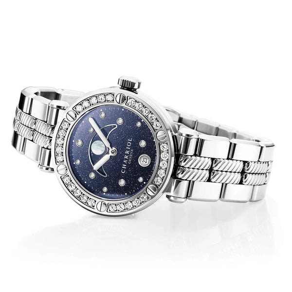 Charriol NAVIGATOR CRUISE 36MM MOONPHASE QUARTZ CALIBRE AVENTURINE PRINTED WITH 11 DIAMONDS DIAL STEEL WITH 30 DIAMONDS AND 6 SCREWS BEZEL METAL INTERCHANGEABLE BRACELET Watch