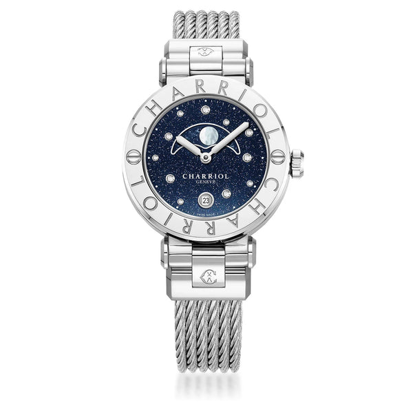 charriol NAVIGATOR CRUISE 36MM MOONPHASE QUARTZ CALIBRE AVENTURINE PRINTED WITH 11 DIAMONDS DIAL STEEL "CHARRIOL CHARRIOL" WITH 2 SCREWS BEZEL STEEL INTERCHANGEABLE CABLE BRACELET Watch