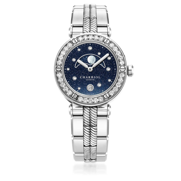 charriol NAVIGATOR CRUISE 36MM MOONPHASE QUARTZ CALIBRE AVENTURINE PRINTED WITH 11 DIAMONDS DIAL STEEL WITH 30 DIAMONDS AND 6 SCREWS BEZEL METAL INTERCHANGEABLE BRACELET Watch