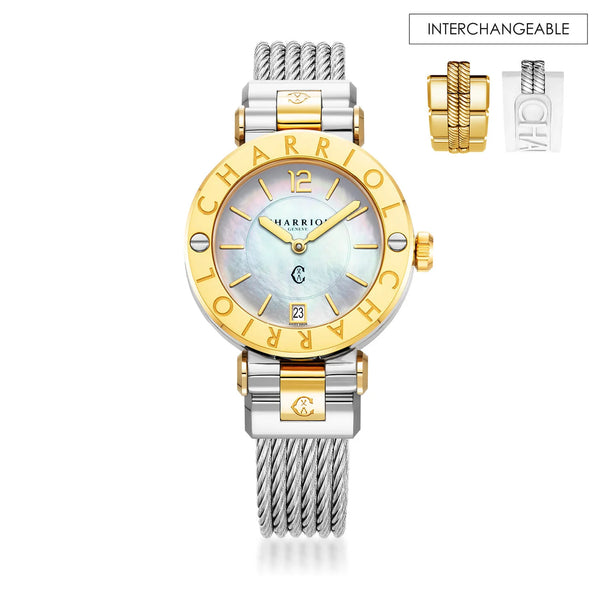 charriol NAVIGATOR CRUISE 36MM QUARTZ CALIBRE MOTHER-OF-PEARL DIAL STEEL YELLOW GOLD PVD "CHARRIOL CHARRIOL" BEZEL STEEL CABLE INTERCHANGEABLE BRACELET Watch