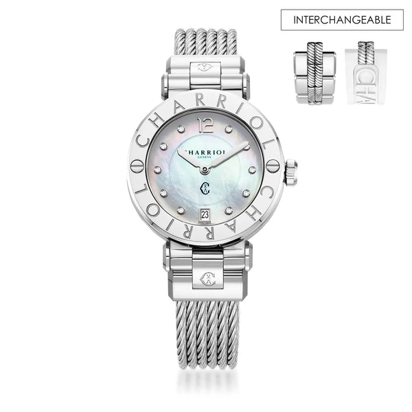 charriol NAVIGATOR CRUISE 36MM QUARTZ CALIBRE MOTHER-OF-PEARL WITH 10 DIAMONDS DIAL STEEL "CHARRIOL CHARRIOL" BEZEL STEEL CABLE INTERCHEANGEABLE BRACELET Watch