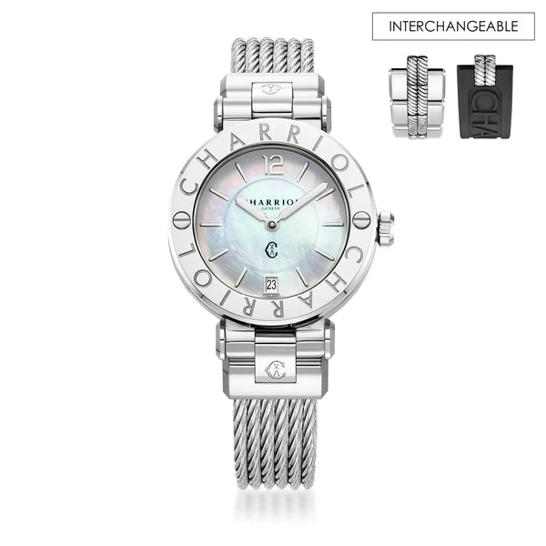 charriol NAVIGATOR CRUISE 36MM QUARTZ CALIBRE MOTHER-OF-PEARL DIAL "CHARRIOL CHARRIOL" BEZEL STEEL CABLE INTERCHANGEABLE BRACELET Watch