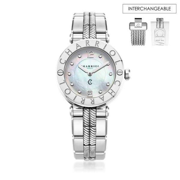 charriol NAVIGATOR CRUISE 36MM QUARTZ CALIBRE MOTHER-OF-PEARL WITH 10 DIAMONDS DIAL "CHARRIOL CHARRIOL" BEZEL STEEL INTERNCHANGEABLE BRACELET Watch