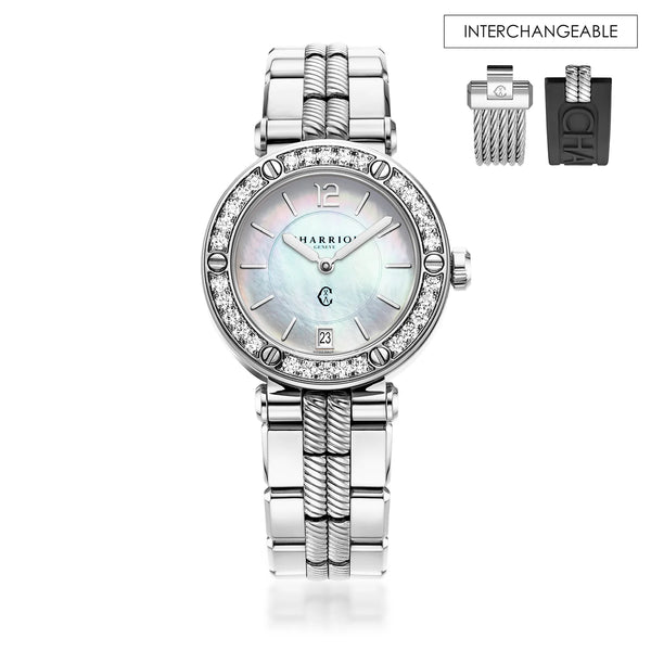 charriol NAVIGATOR CRUISE 36MM QUARTZ CALIBRE MOTHER-OF-PEARL DIAL 30 DIAMONDS BEZEL STEEL INTERCHANGEABLE BRACELET Watch