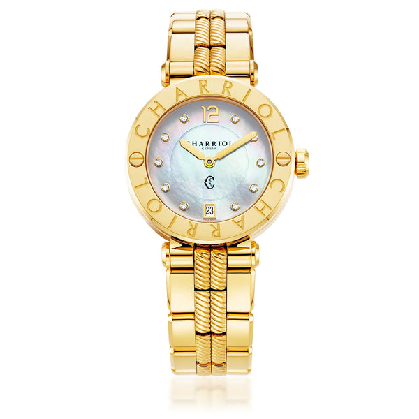 Charriol NAVIGATOR CRUISE 36MM QUARTZ CALIBRE MOTHER-OF-PEARL WITH 10 DIAMONDS DIAL STEEL YELLOW GOLD PVD "CHARRIOL CHARRIOL" BEZEL STEEL YELLOW GOLD PVD METAL INTERCHANGEABLE BRACELET Watch