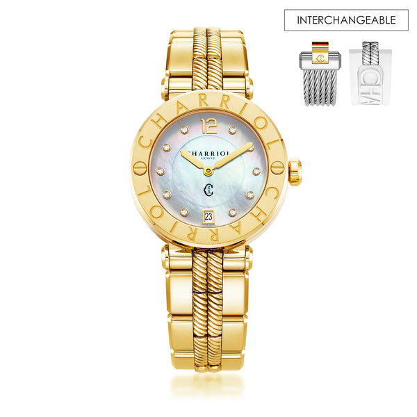 charriol NAVIGATOR CRUISE 36MM QUARTZ CALIBRE MOTHER-OF-PEARL WITH 10 DIAMONDS DIAL STEEL YELLOW GOLD PVD "CHARRIOL CHARRIOL" BEZEL STEEL YELLOW GOLD PVD METAL INTERCHANGEABLE BRACELET Watch