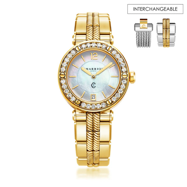 charriol NAVIGATOR CRUISE 36MM QUARTZ CALIBRE MOTHER-OF-PEARL DIAL 30 FULL CUT DIAMONDS WITH 6 SCREWS BEZEL STEEL YELLOW GOLD PVD METAL INTERCHANGEABLE BRACELET Watch