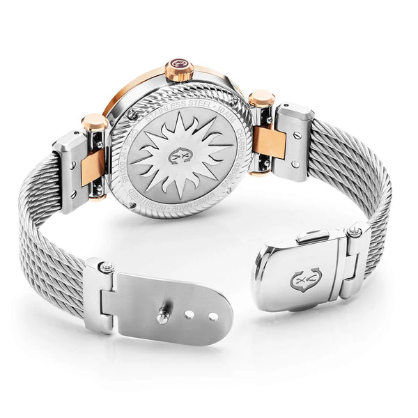 Charriol NAVIGATOR CRUISE 36MM QUARTZ CALIBRE WHITE MOTHER-OF-PEARL WITH 10 DIAMONDS DIAL STEEL ROSE GOLD PVD "CHARRIOL CHARRIOL" WITH 2 SCREWS BEZEL STEEL INTERCHANGEABLE CABLE BRACELET WITH ROSE GOLD PVD ATTACHED Watch