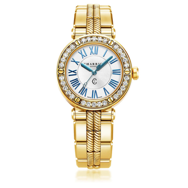 charriol NAVIGATOR CRUISE 36MM QUARTZ CALIBRE WHITE MOTHER-OF-PEARL WITH 12 ROMAN FIGURES DIAL STEEL YELLOW GOLD PVD WITH 30 DIAMONDS & 6 SCREWS BEZEL METAL YELLOW GOLD PVD INTERCHANGEABLE BRACELET Watch